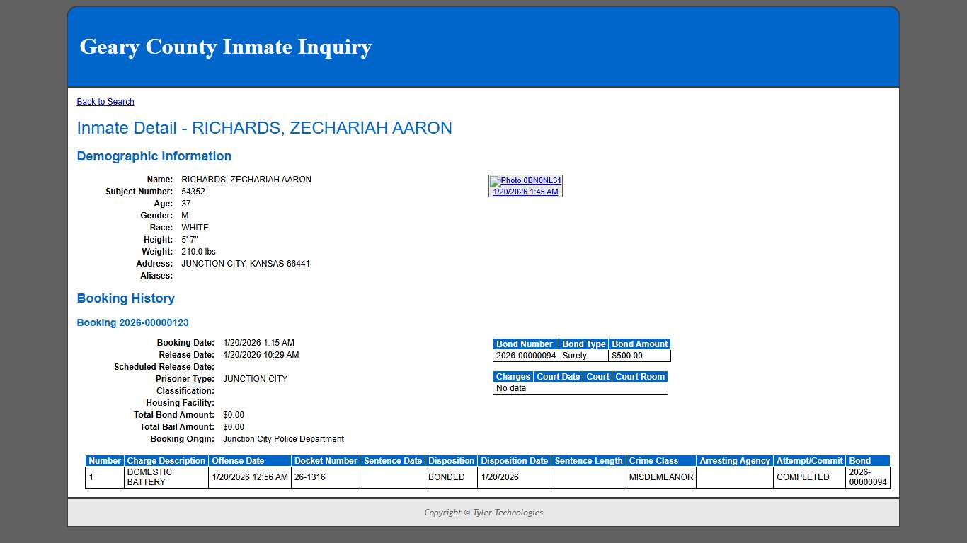 Inmate Detail - RICHARDS, ZECHARIAH AARON