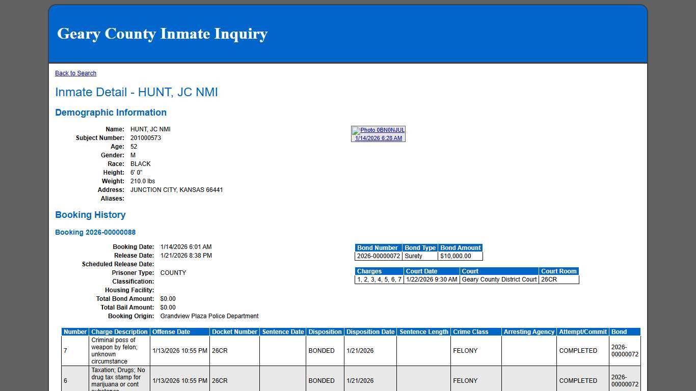Inmate Detail - HUNT, JC NMI